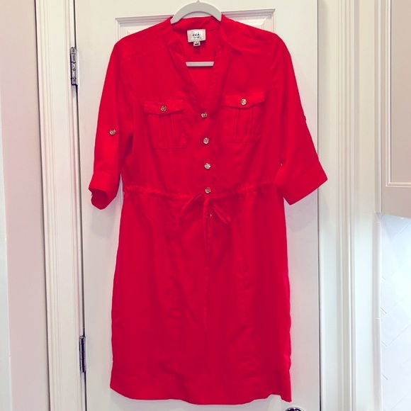 ECI Silky Coral Pink V Neck Office Dress with Belt at Waist sz.10 - Picture 1 of 5